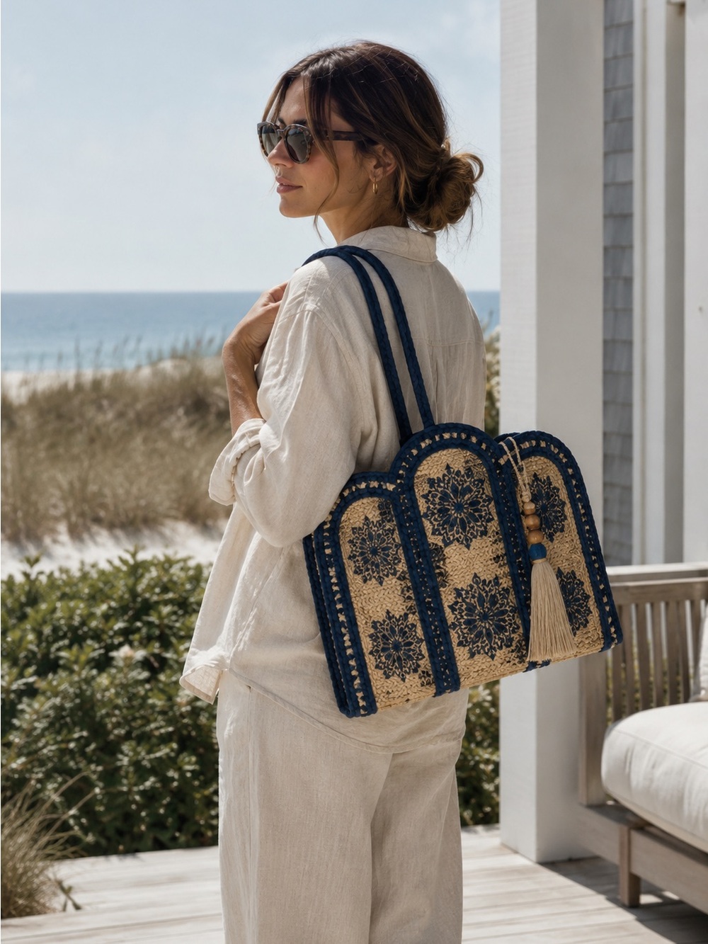 NWT Antik Kraft Indigo Straw Tote Mediterranean Coastal Bag